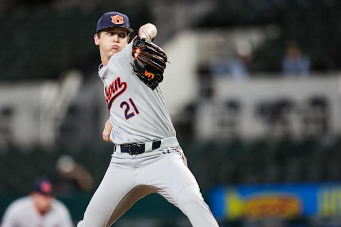 Auburn baseball's Trace Bright pitching against Kansas State.